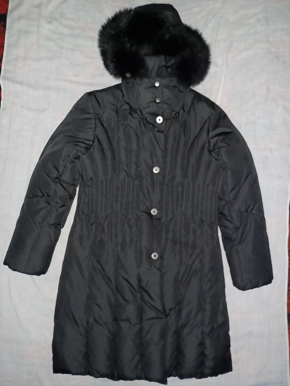 Marvin Richards down coat black large unworn, fur trim fauxfur lined